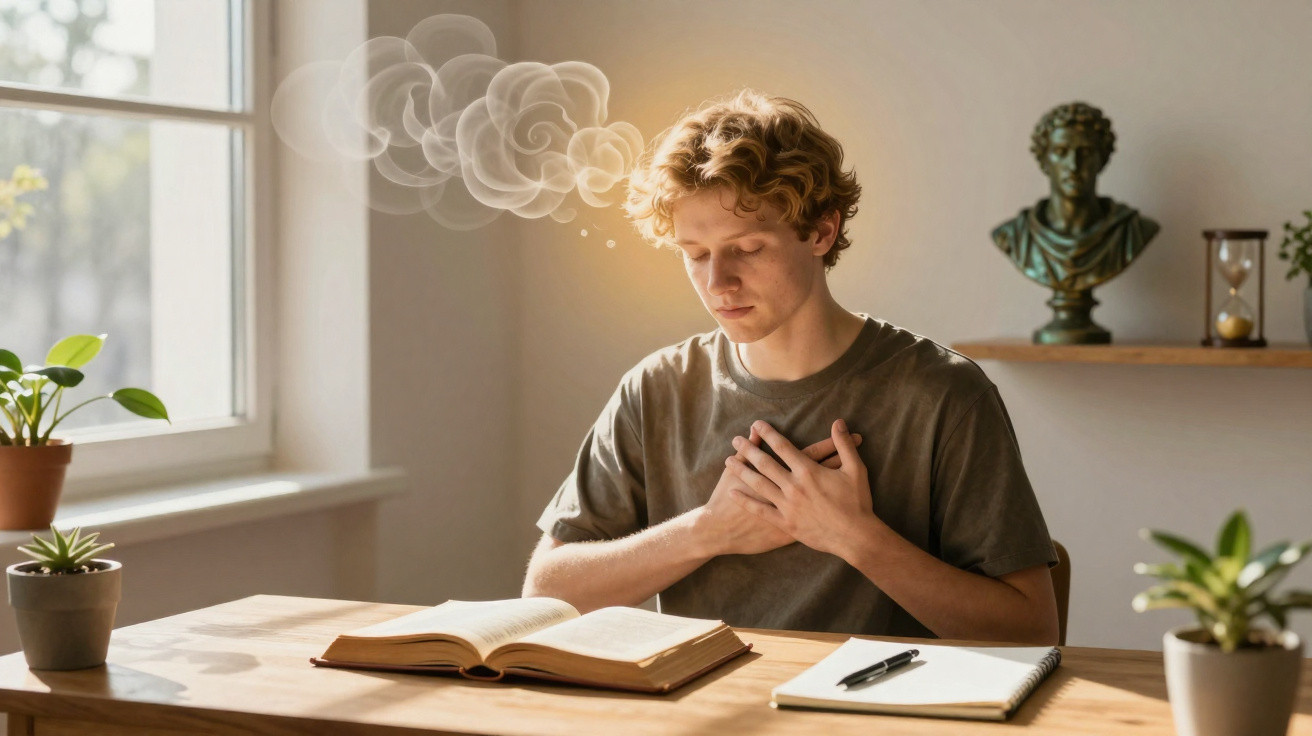 Jovem sentado à mesa com mãos no coração, olhando livro aberto, em ambiente iluminado e tranquilo.