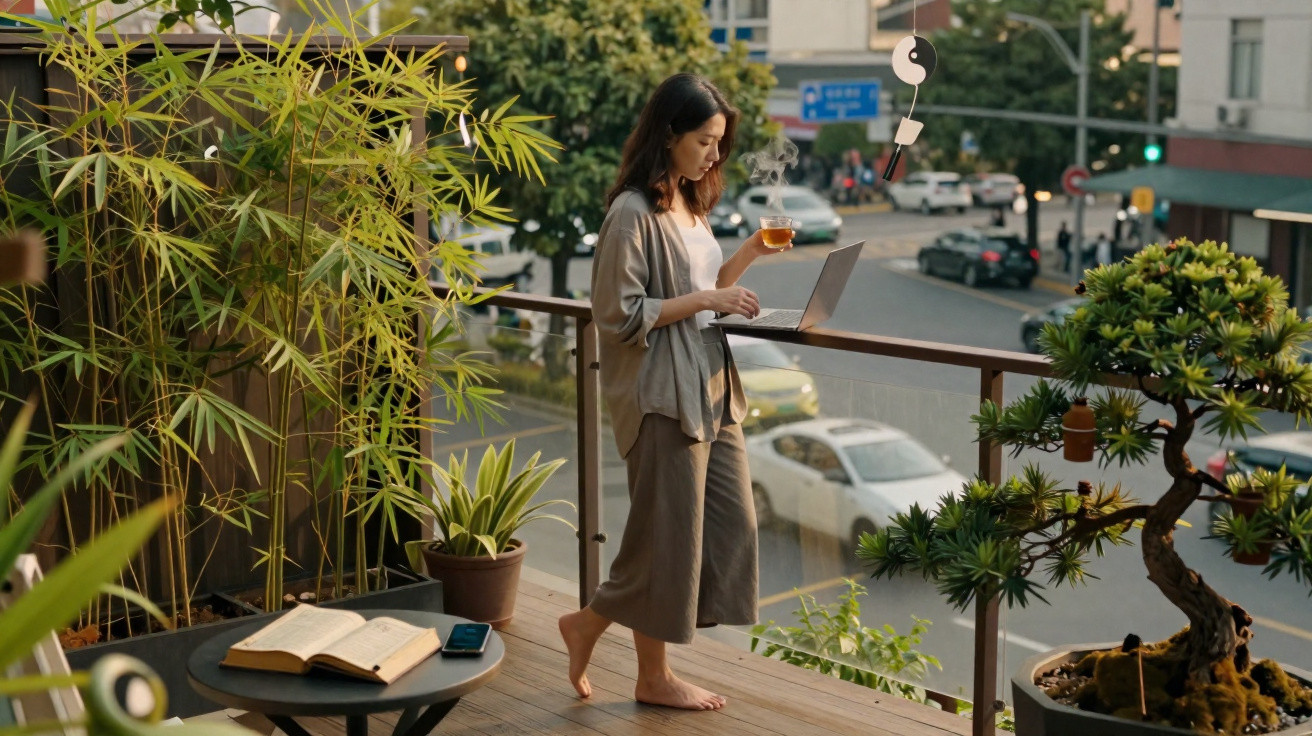 Mulher em varanda com plantas, segurando chá e mexendo em notebook, vista para rua movimentada.