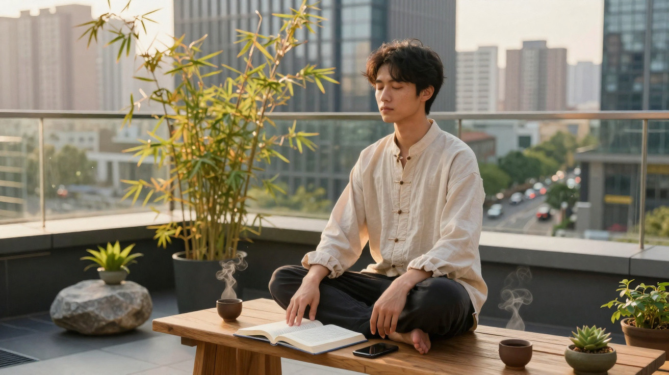 Jovem meditando sentado em banco de madeira em varanda com plantas e edifícios ao fundo.