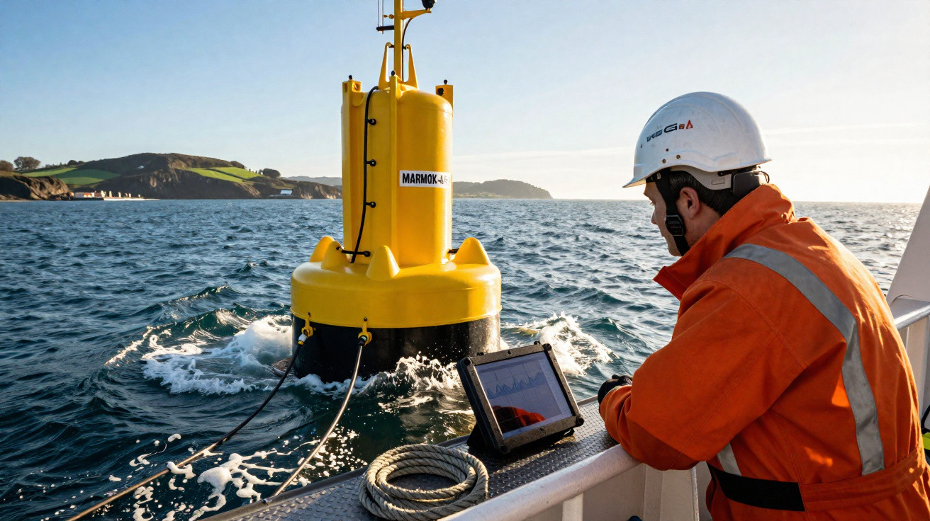 Técnico em colete laranja e capacete branco monitorando dados em tablet próximo a boia amarela no mar.