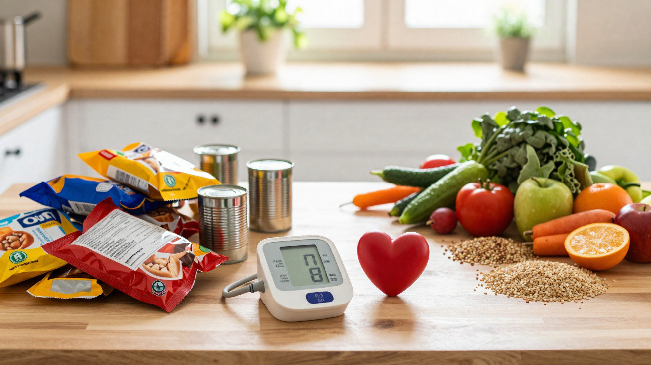 Medidor de glicose com alimentos industrializados de um lado e frutas, legumes e sementes do outro lado da mesa.