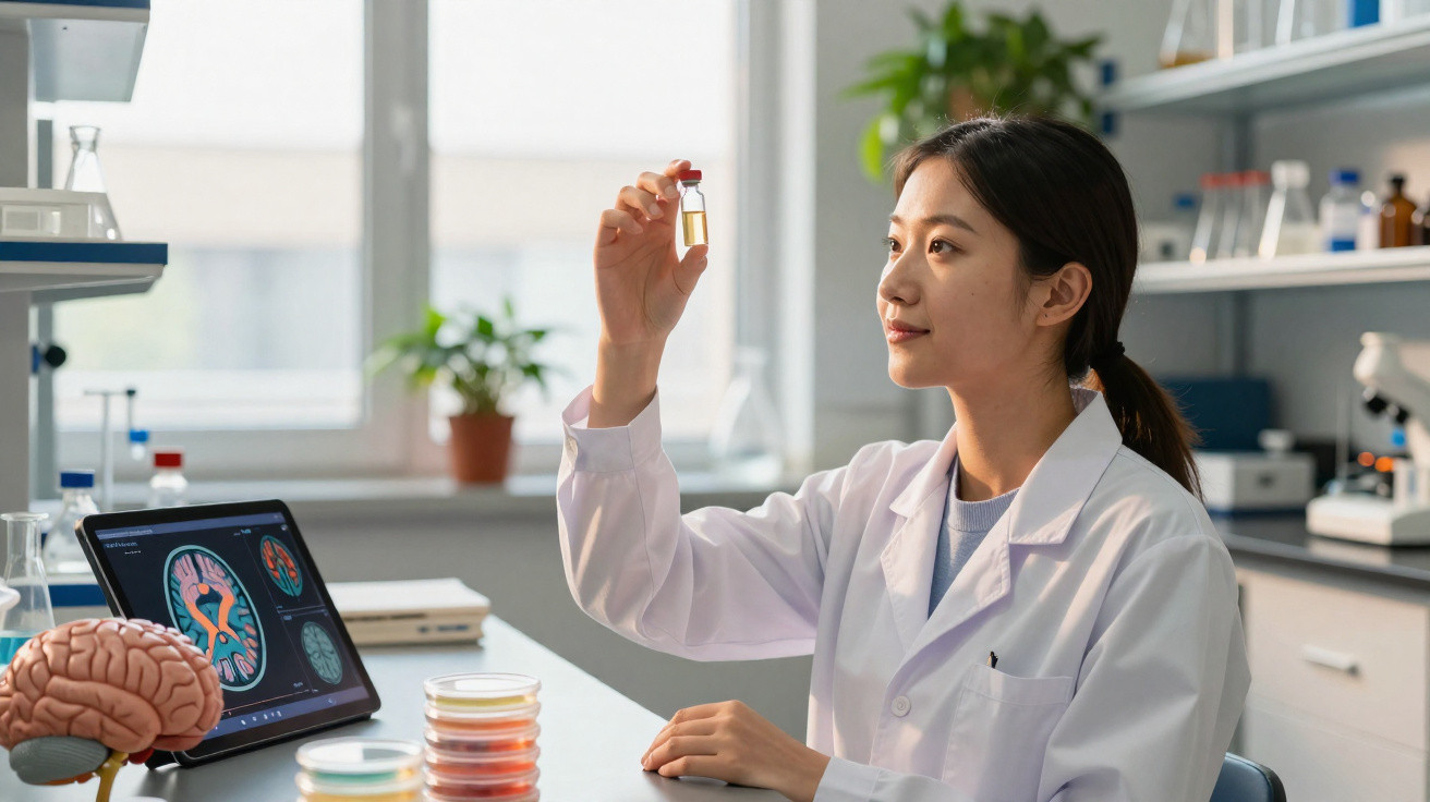 Cientista mulher em jaleco analisando amostra em frasco na bancada de laboratório com imagens de cérebro no tablet.