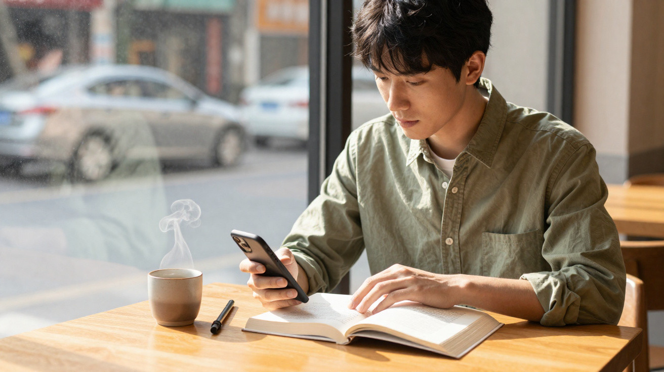 Homem sentado em cafeteria lendo livro e usando celular com xícara de café fumegante na mesa.