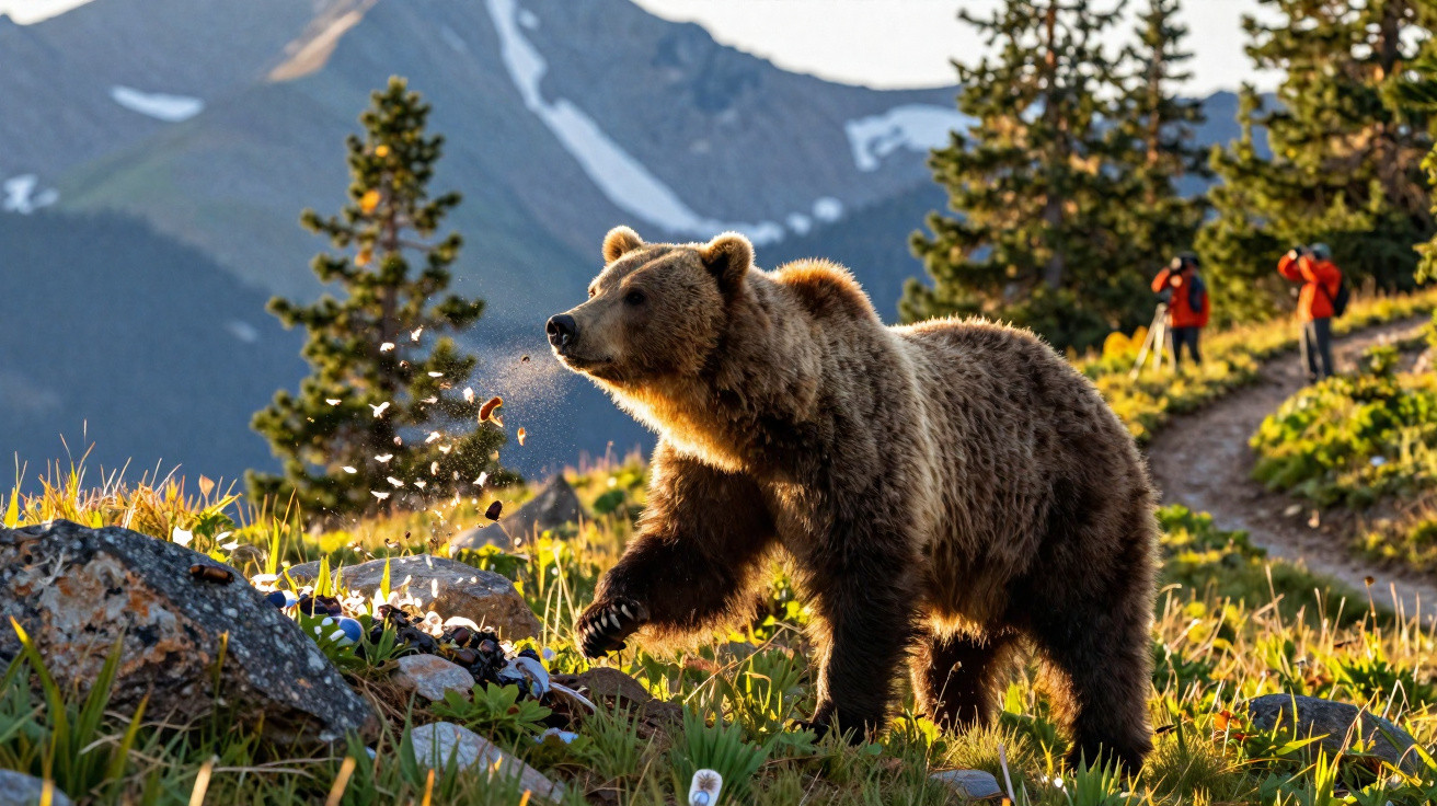 Urso marrom em trilha montanhosa com flores e árvores ao fundo ao pôr do sol.