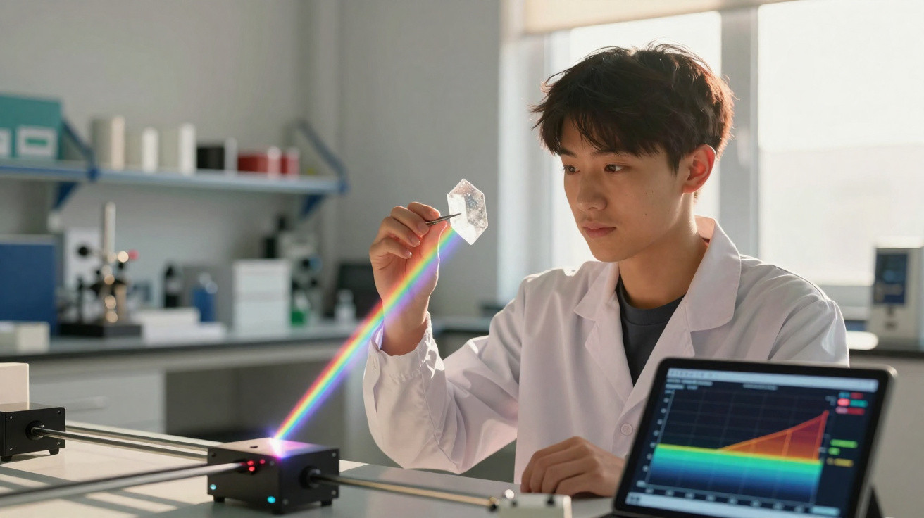 Jovem cientista em laboratório usando prisma para dispersar luz em um espectro colorido, com tablet ao lado mostrando gráfico
