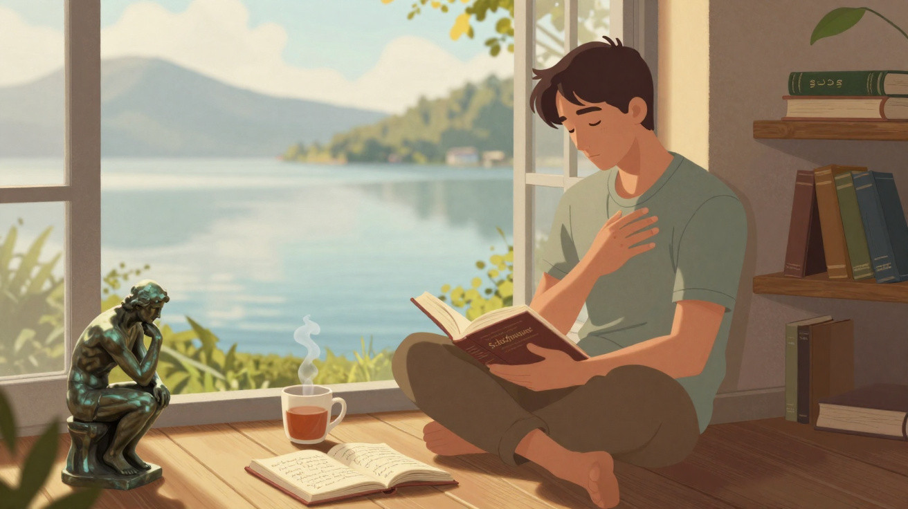 Jovem sentado no chão lendo livro, com xícara de chá e estátua do Pensador perto de uma janela com vista para o lago.