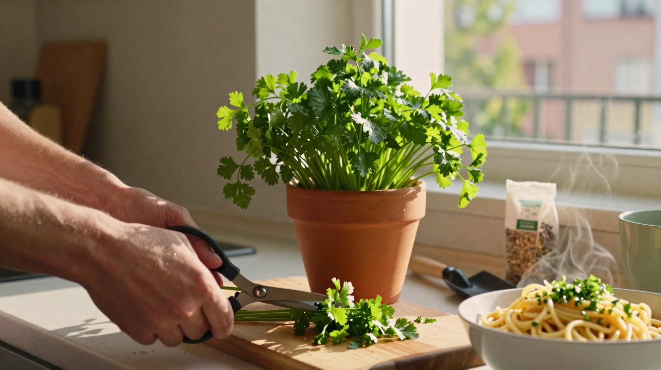 Mãos cortando salsa fresca com tesoura, vaso da planta e prato de macarrão na bancada da cozinha.