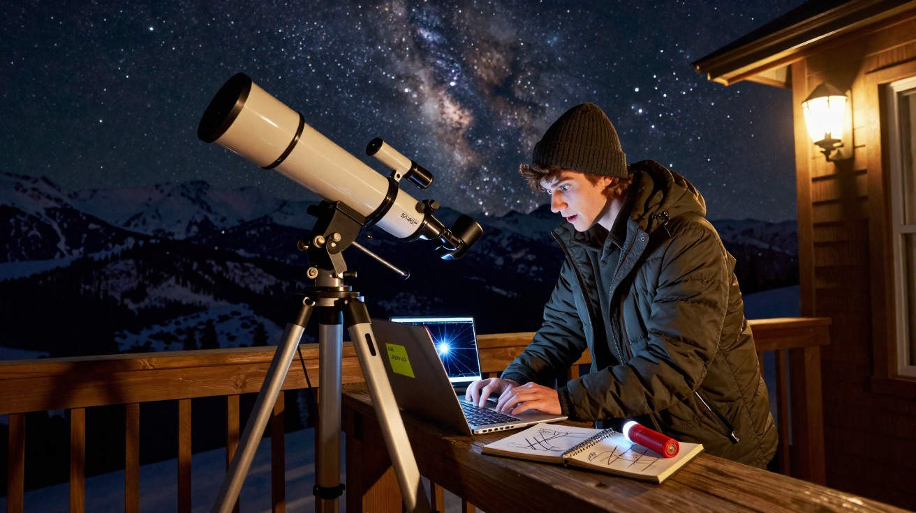 Pessoa usando notebook em varanda à noite com telescópio, céu estrelado e Via Láctea ao fundo.