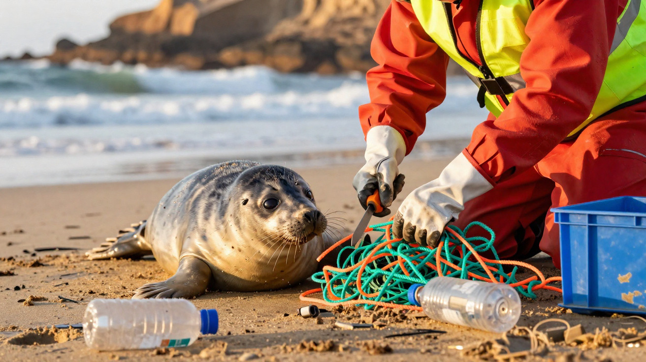 Foca na praia próxima a pessoa de roupa vermelha e colete amarelo, limpando lixo com garrafas plásticas e cordas.