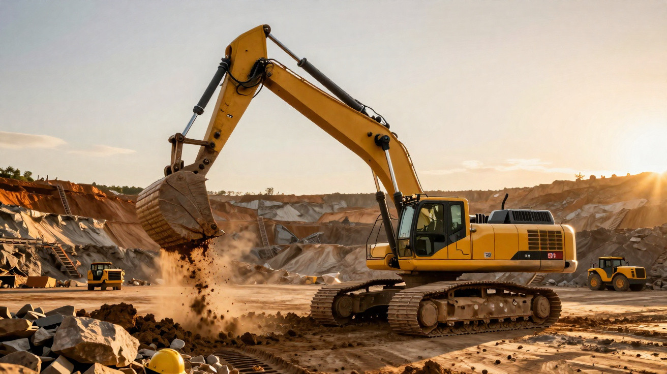 Escavadeira amarela movimentando terra em canteiro de obras ao pôr do sol.