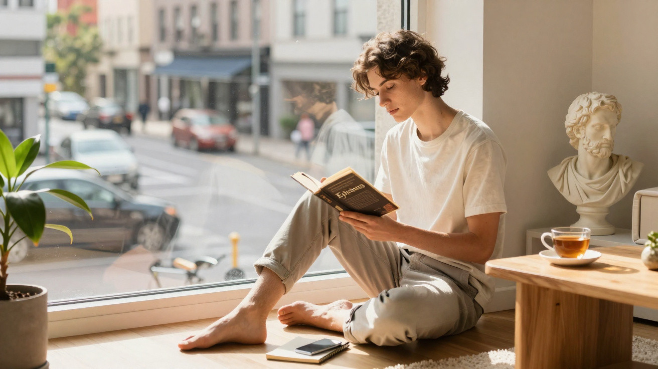 Jovem sentado no chão ao lado de janela grande lendo um livro em ambiente iluminado e tranquilo.