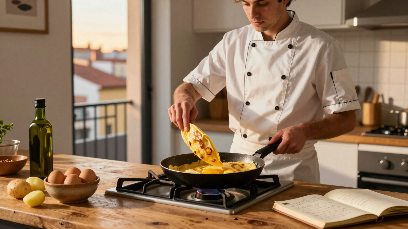 Chef preparando omelete em frigideira numa cozinha com ingredientes e livro de receitas sobre a mesa.