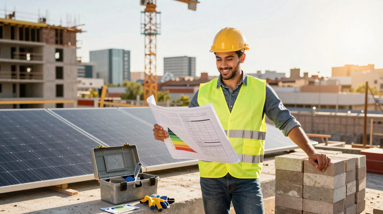 Engenheiro com capacete e colete segurando planta em obra com painéis solares ao fundo.