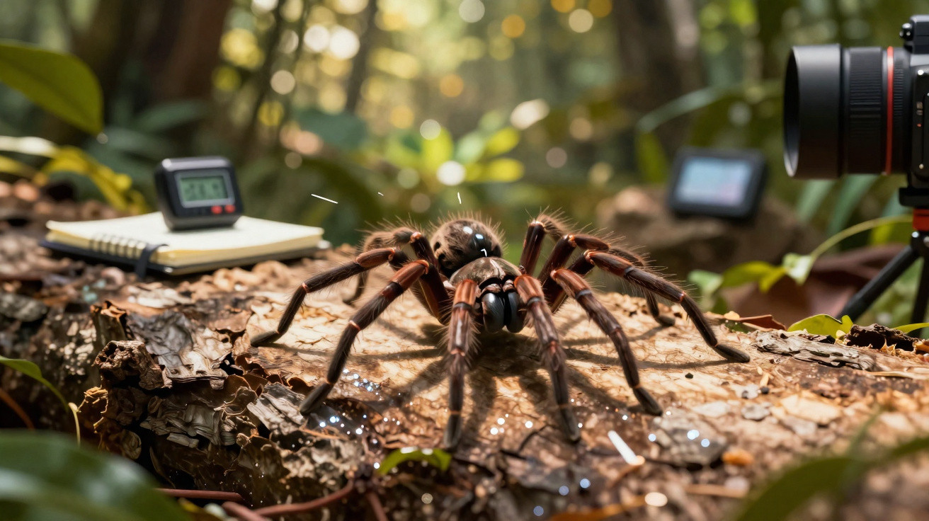 Aranha grande sobre tronco em floresta, com câmera e equipamento de gravação ao fundo.