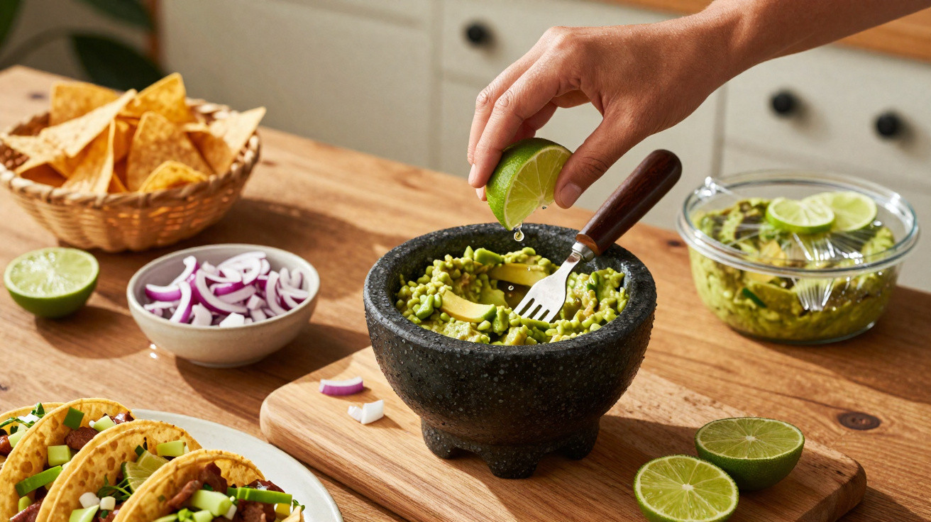 Mão espremendo limão em guacamole dentro de pilão com tacos, cebola roxa e chips em tela de madeira.