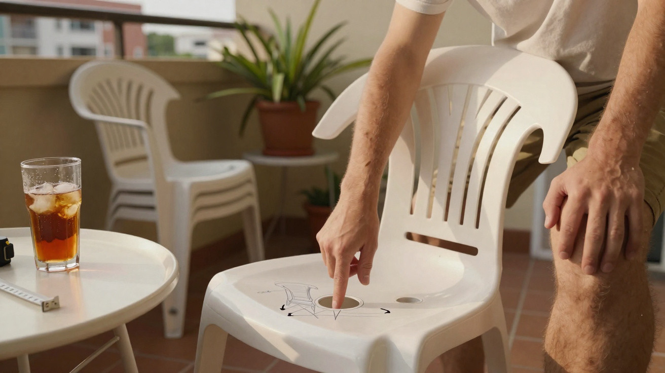 Pessoa apontando para marcações desenhadas em cadeira plástica branca em varanda com mesa e plantas.