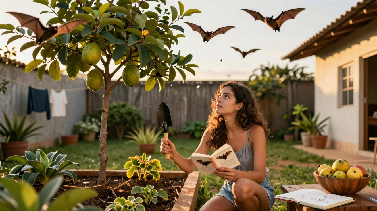 Jovem com pá e livro observa morcegos voando ao redor de árvore com frutas em jardim residencial.