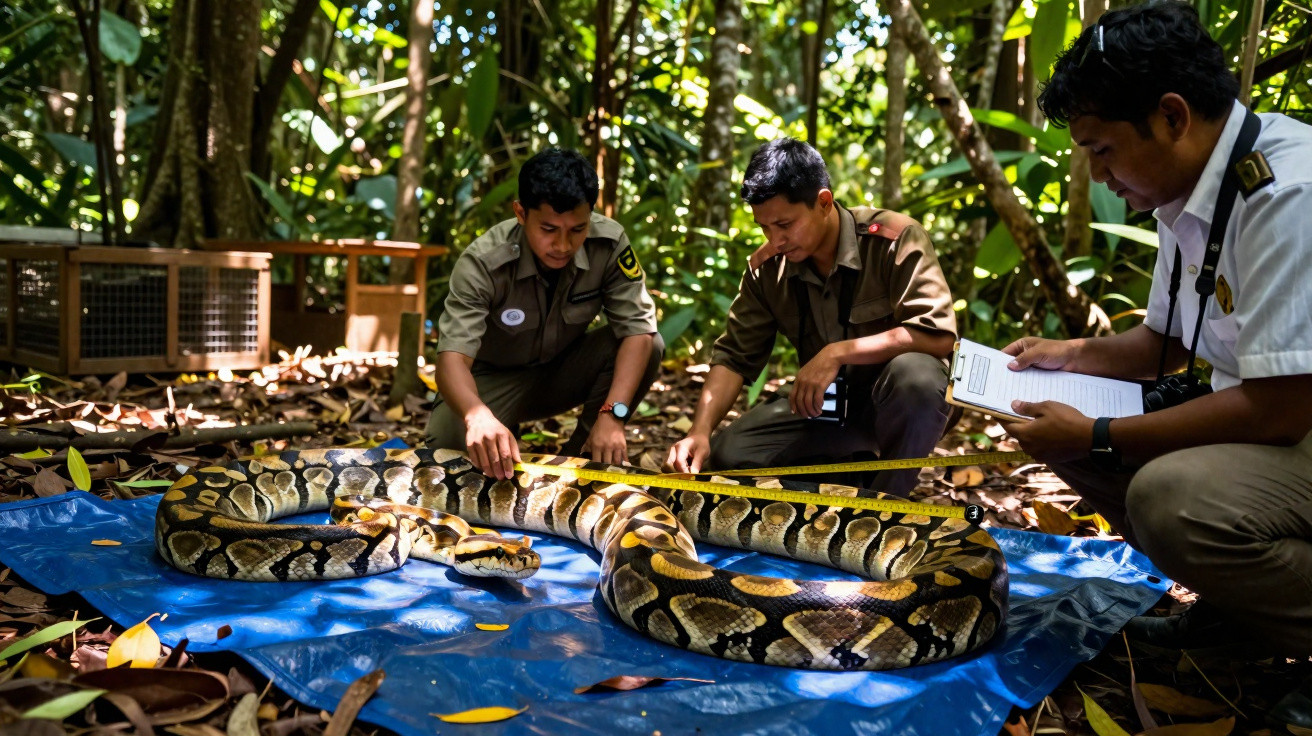 Três homens medem uma grande píton sobre lona azul em área de floresta densa.
