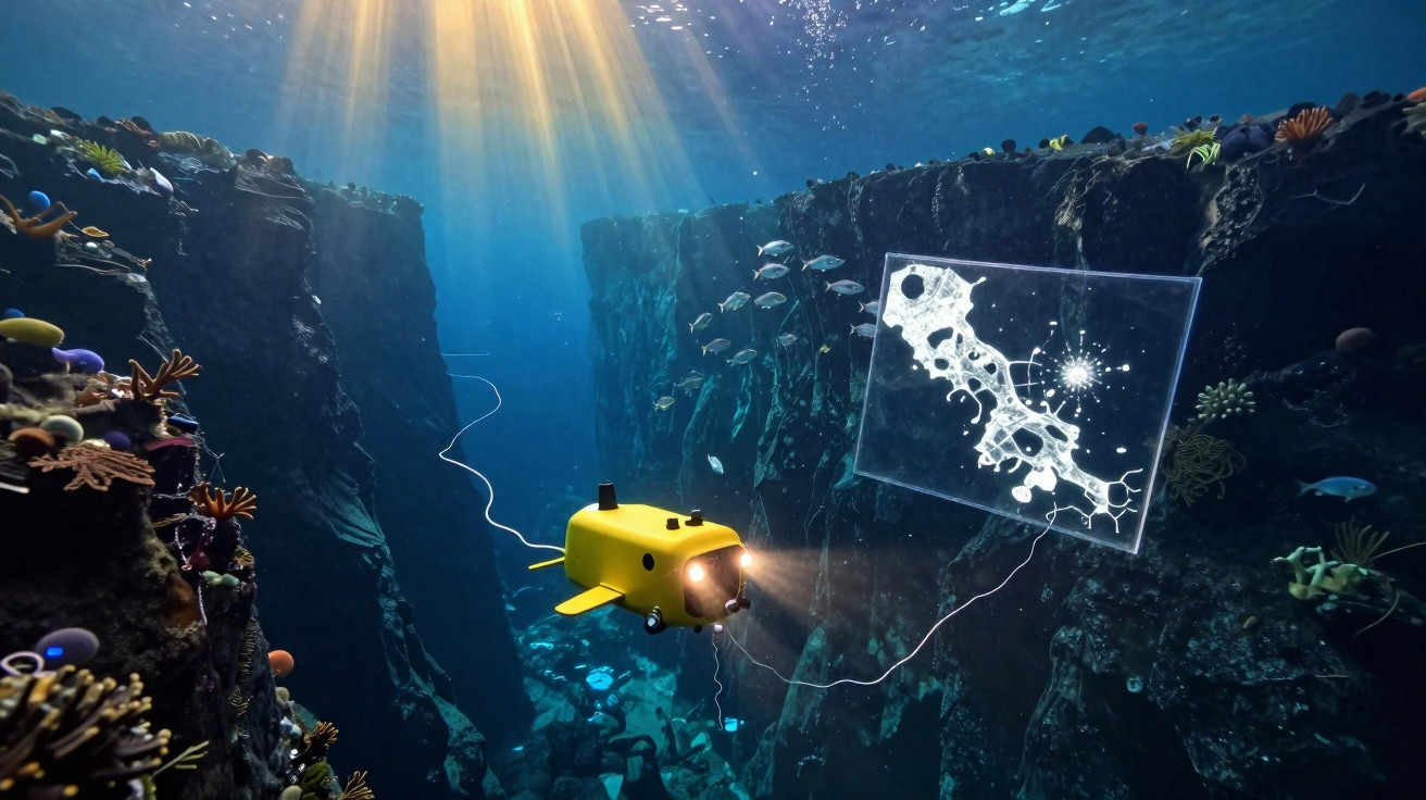 Veículo subaquático amarelo explorando um abismo com vida marinha iluminada por luz solar.