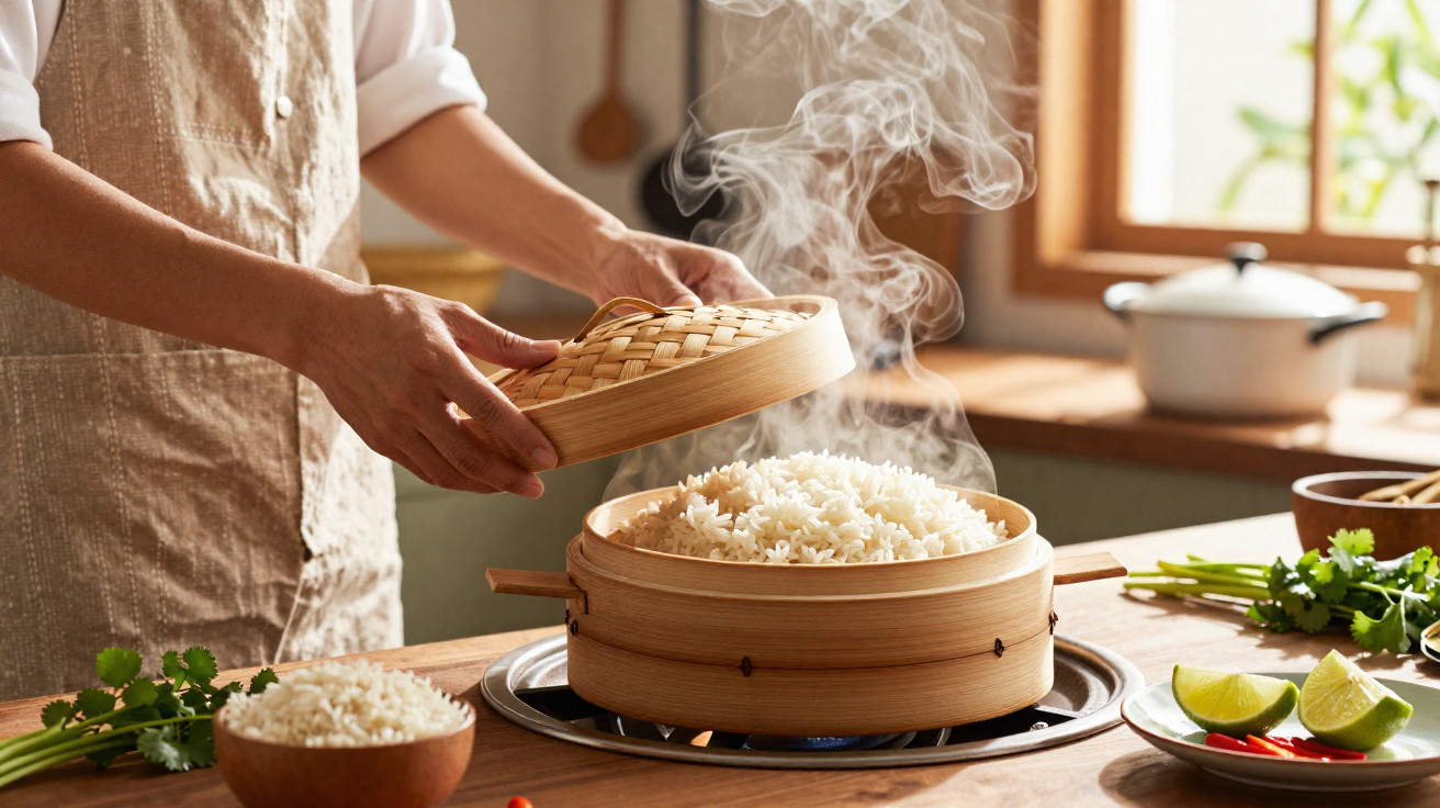 Pessoa abrindo tampa de panela de bambu com arroz cozinhando no vapor em cozinha iluminada natural.