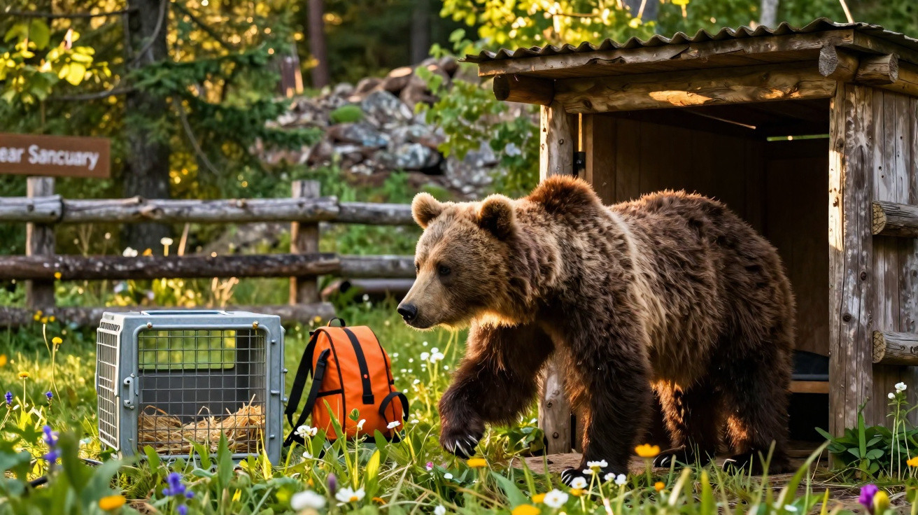 Urso marrom adulto saindo de abrigo de madeira em santuário cercado por flores e natureza.