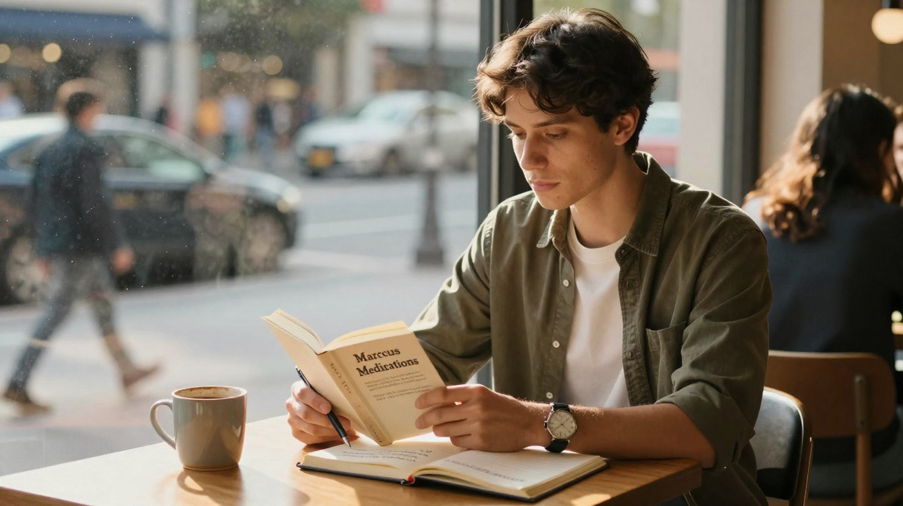 Jovem lendo livro e fazendo anotações em café com xícara de bebida ao lado e rua ao fundo.