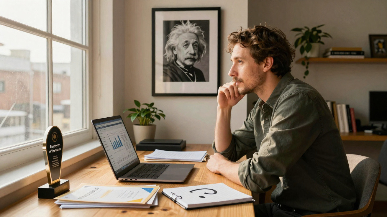 Homem pensativo olhando para laptop em mesa com documentos, planta e quadro de Albert Einstein ao fundo.