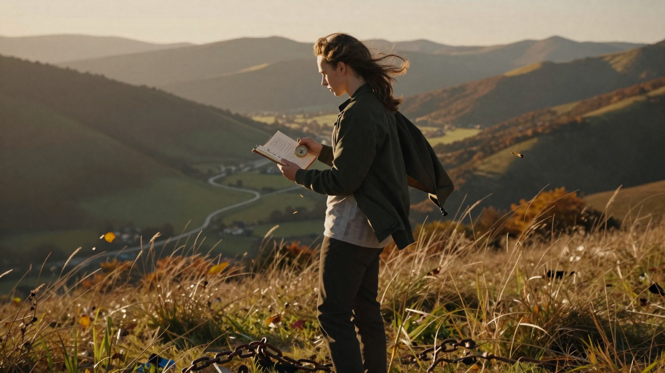 Pessoa jovem lendo livro ao ar livre em colina com vista para vales e montanhas ao fundo.