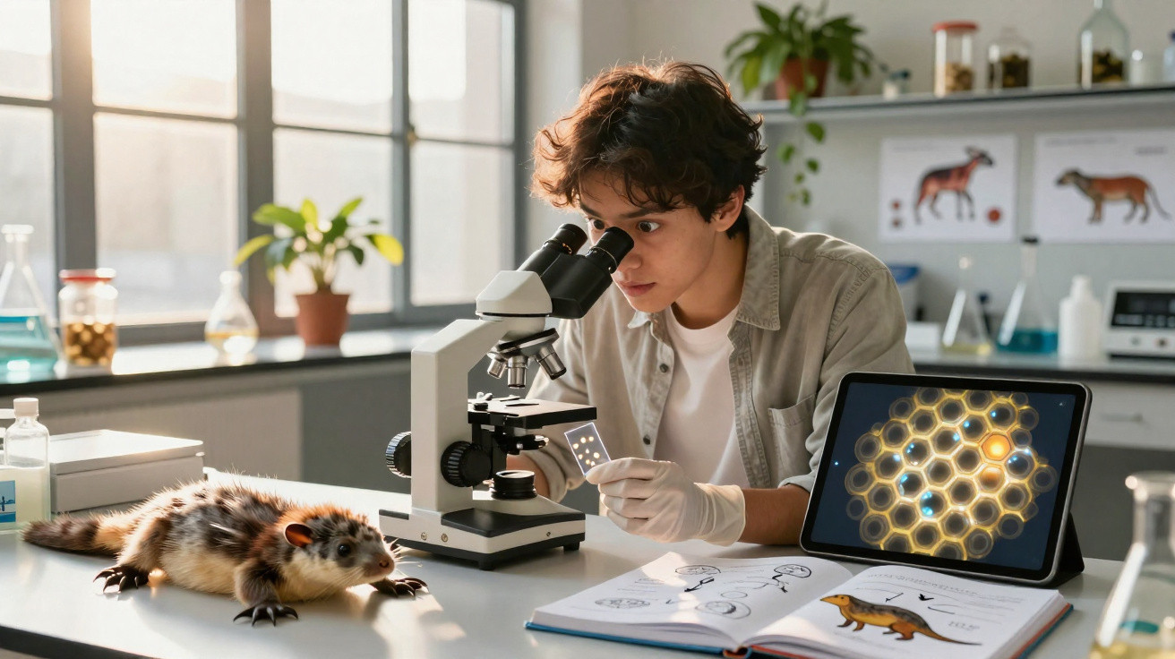 Jovem cientista analisa lâmina no microscópio em laboratório com animal, livro e tablet ao lado.