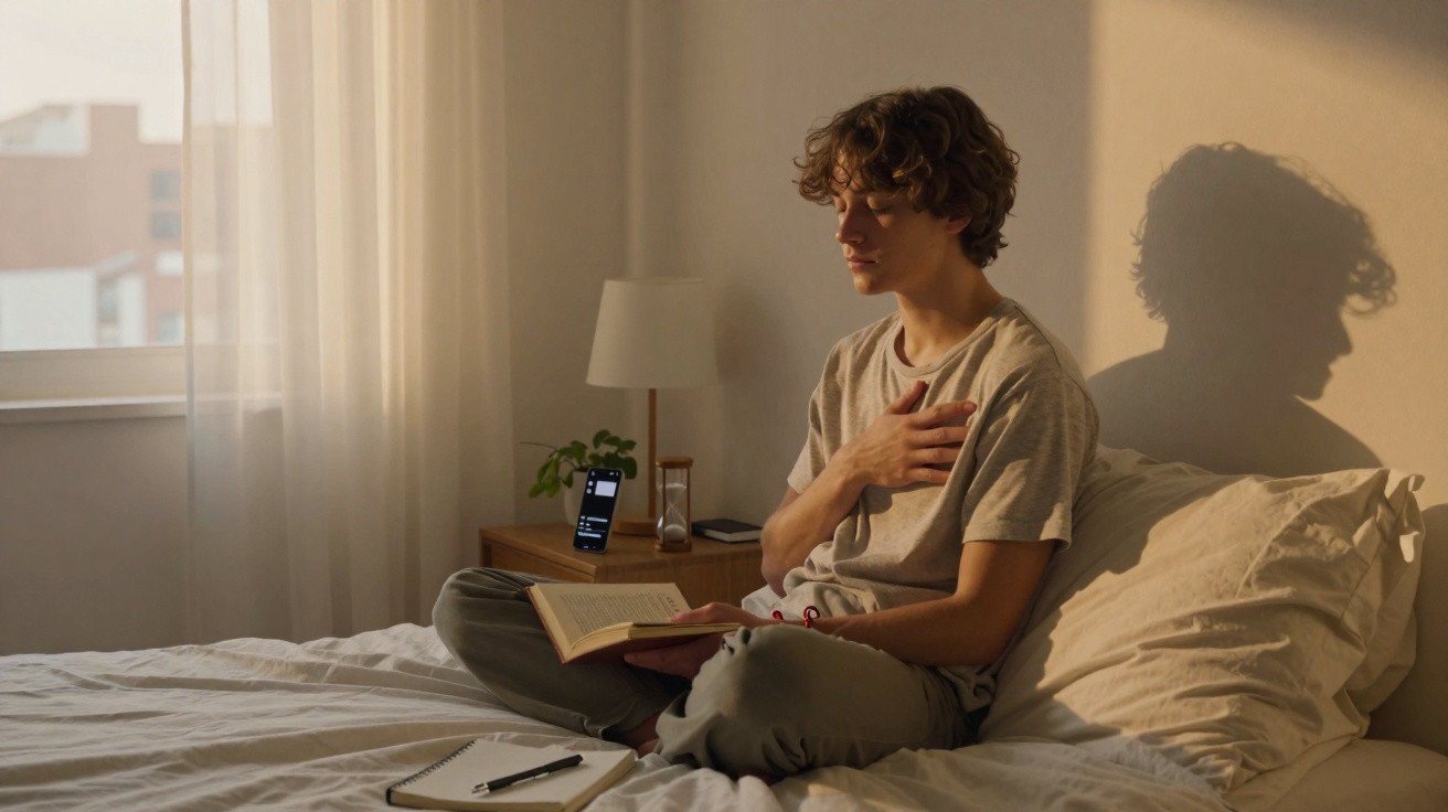 Jovem sentado na cama meditando com um livro aberto e a mão no peito em ambiente iluminado pelo sol.
