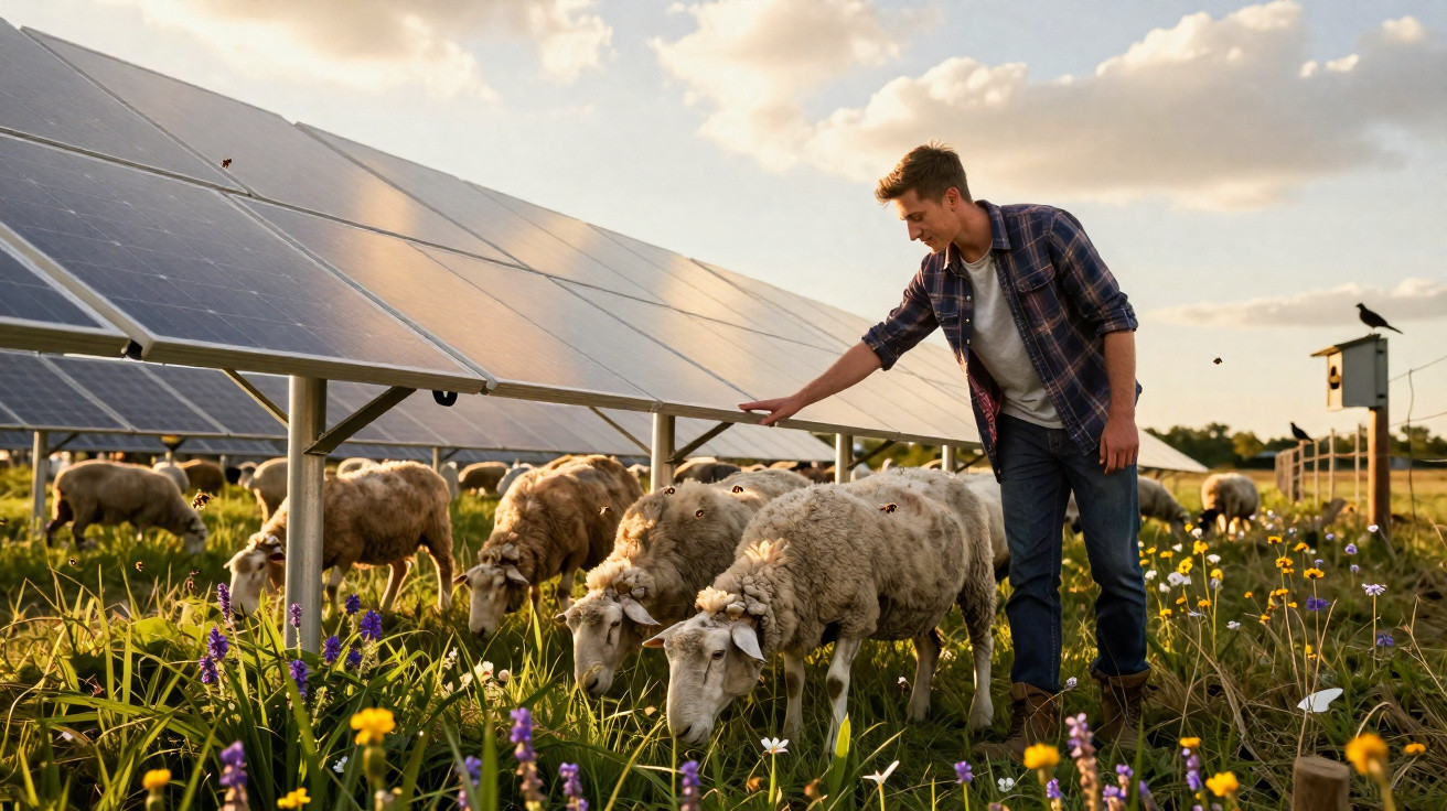 Homem acariciando ovelhas próximas a painéis solares em campo florido ao pôr do sol.