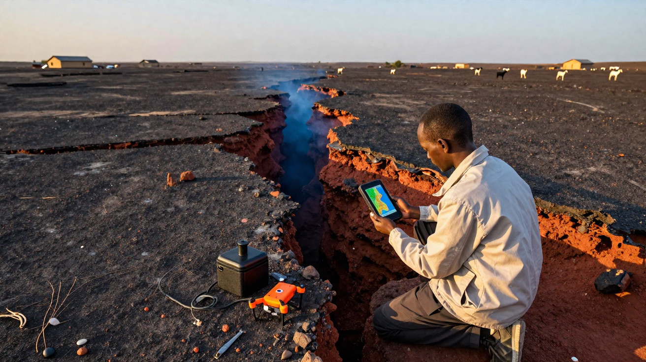 Homem usando tablet próximo a uma fissura profunda na terra em área rural com animais ao fundo.