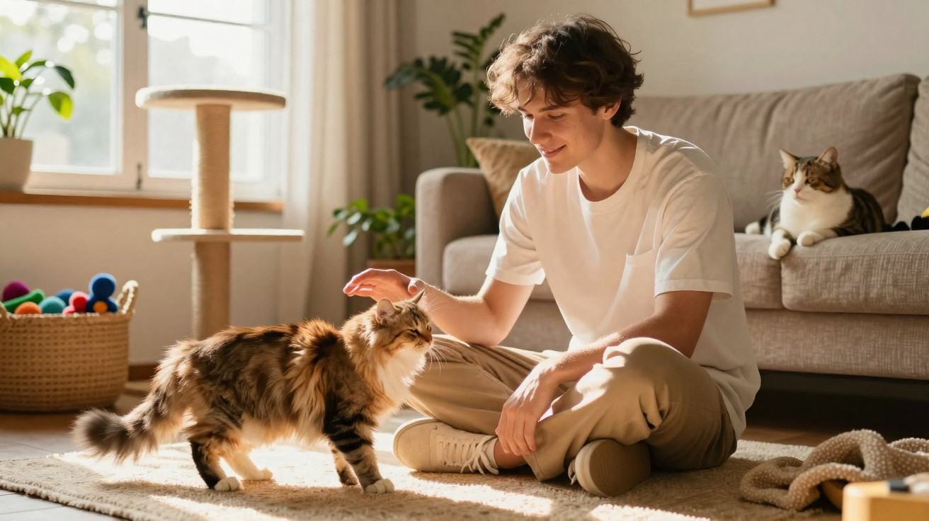 Jovem sentado no tapete acariciando gato enquanto outro gato observa no sofá em sala iluminada.