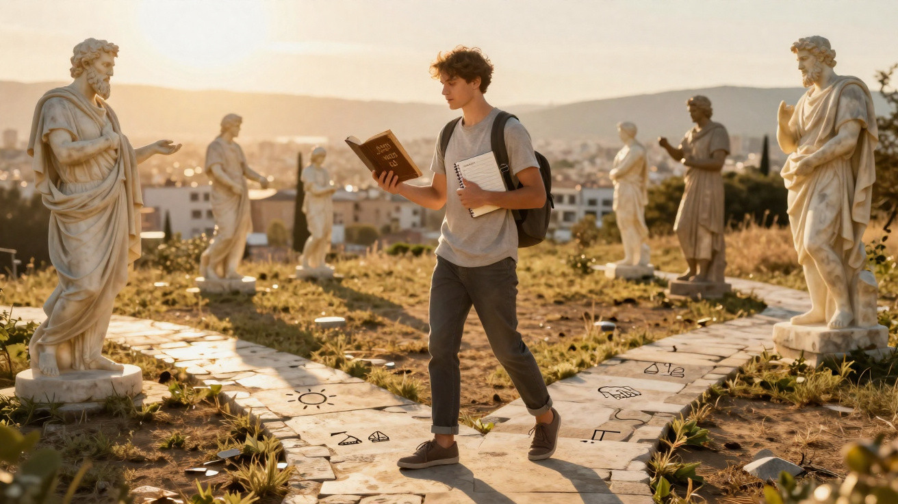 Jovem caminha entre estátuas antigas segurando livro e caderno em caminho de pedras com símbolos.