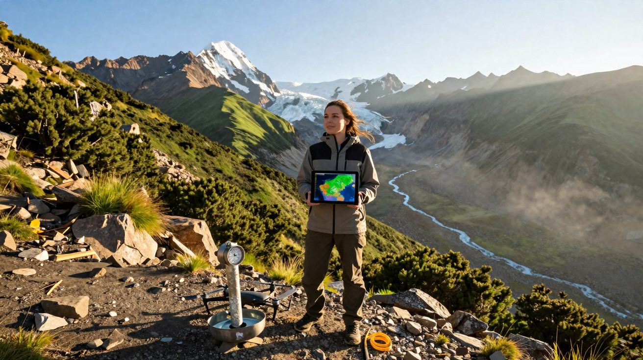Mulher segura tablet com mapa climático na montanha com picos nevados e rio ao fundo em dia ensolarado.