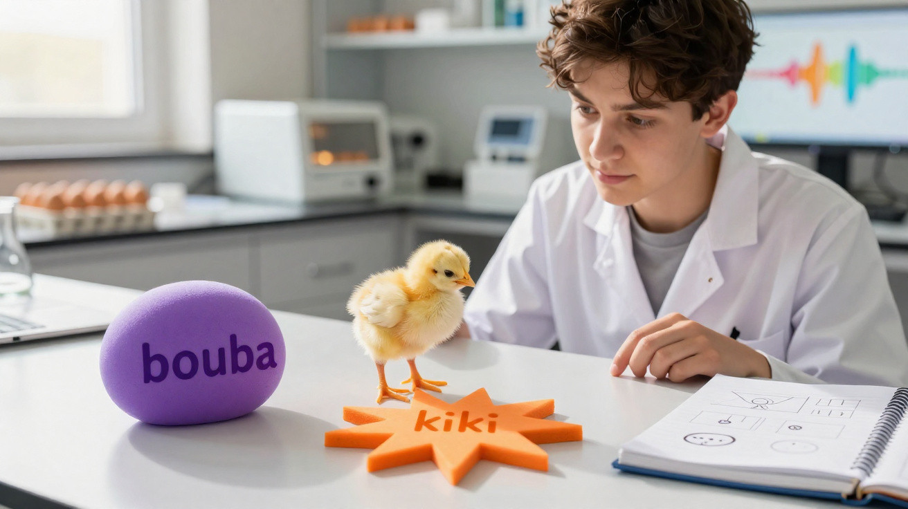 Jovem de jaleco observa filhote de galinha entre formas coloridas com palavras em mesa de laboratório.