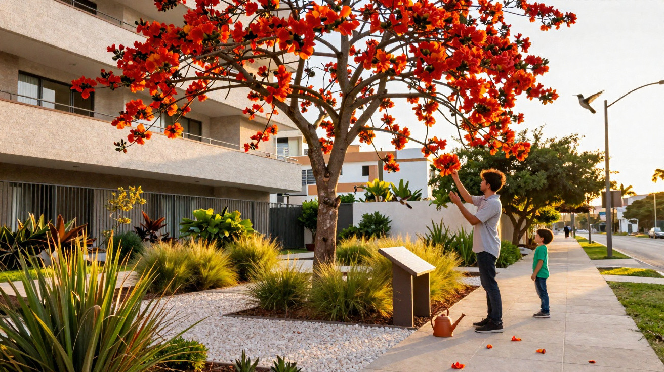 Homem e criança junto a árvore florida com flores vermelhas em área urbana ao entardecer.