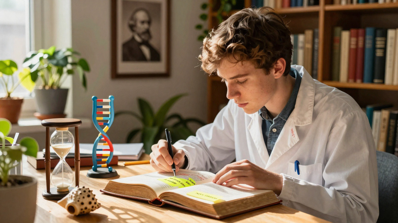 Jovem cientista estudando livro com marca-texto em mesa com miniatura de DNA e ampulheta.