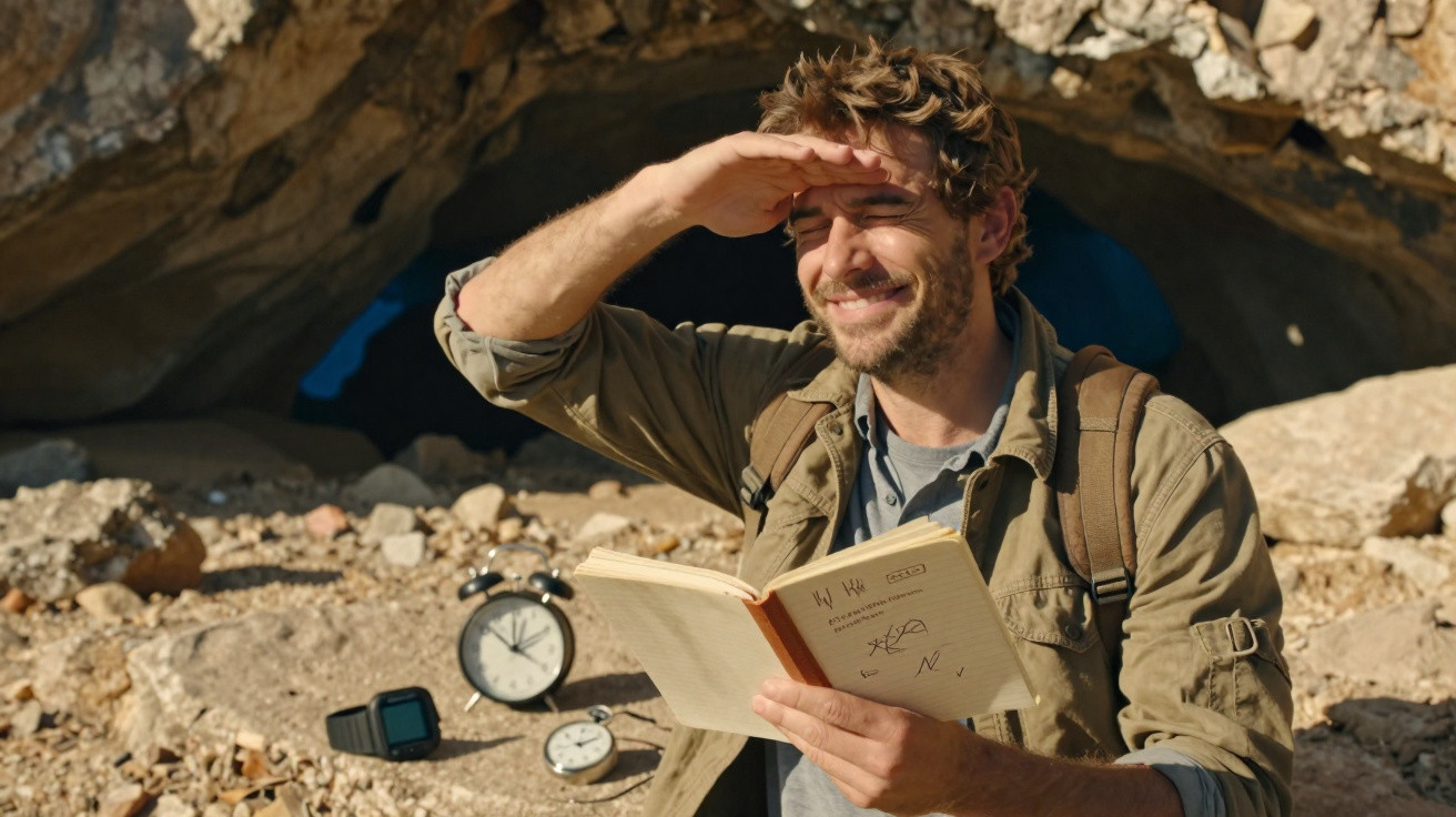Homem sorrindo segura livro aberto e se protege do sol ao lado de relógios em área rochosa perto de caverna.