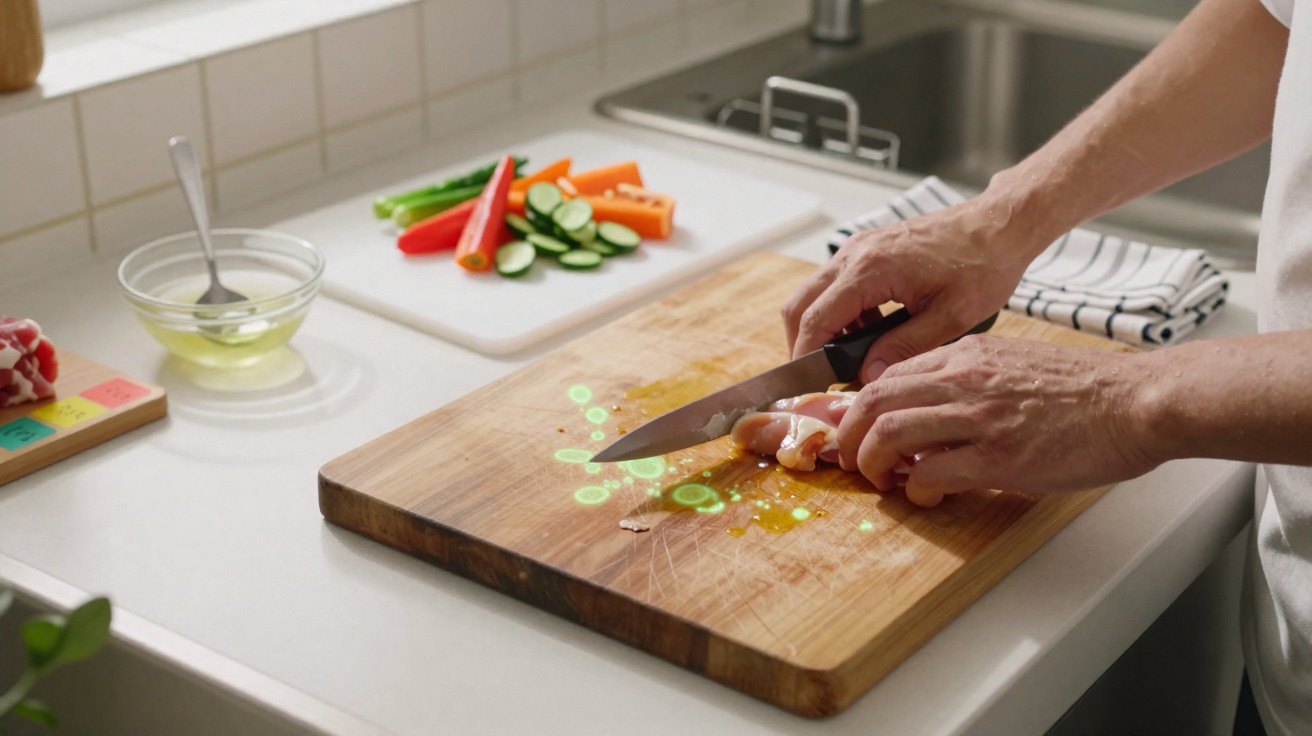 Pessoa cortando frango em tábua de madeira com legumes fatiados ao fundo na cozinha.