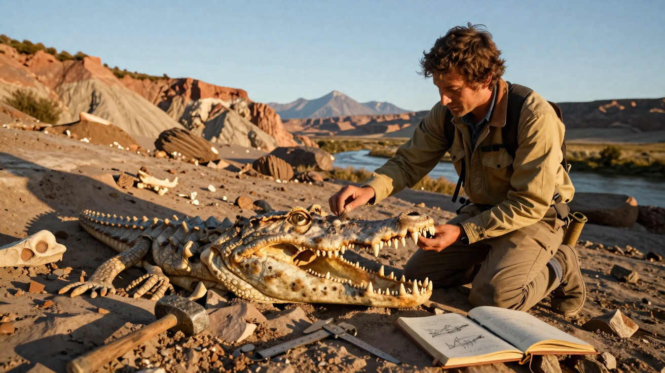 Homem estudando crânio de crocodilo em área desértica com caderno e ferramentas ao redor.