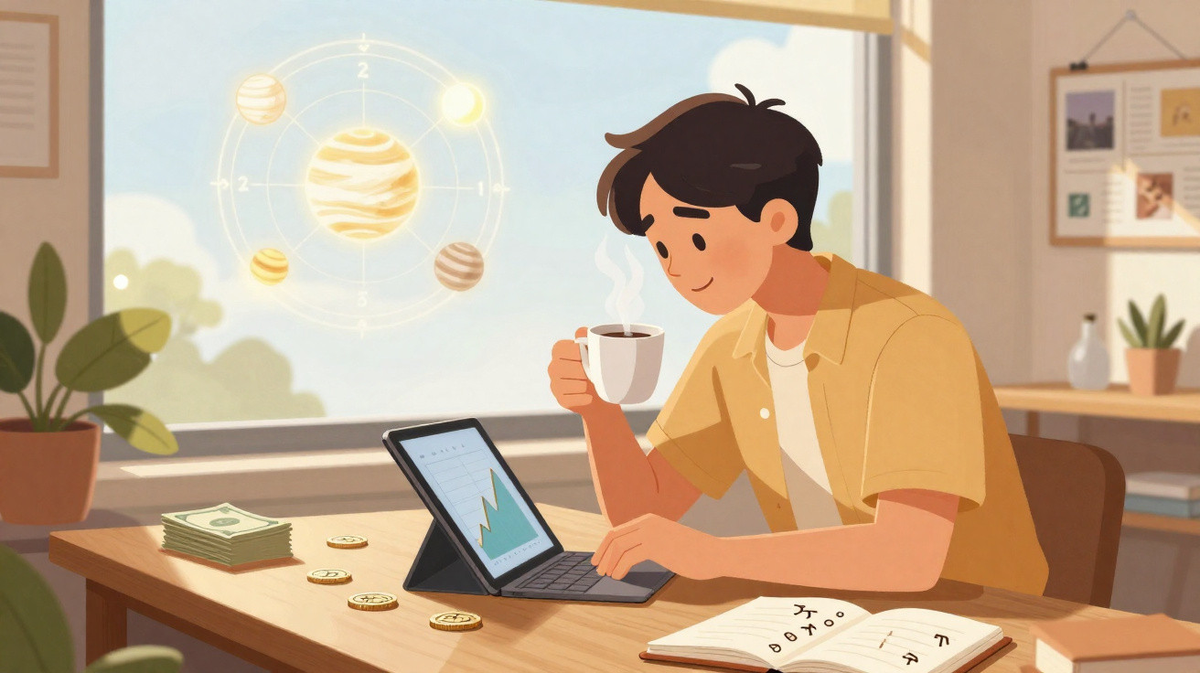 Jovem segurando xícara de café e analisando gráfico em tablet, com moedas e caderno na mesa.