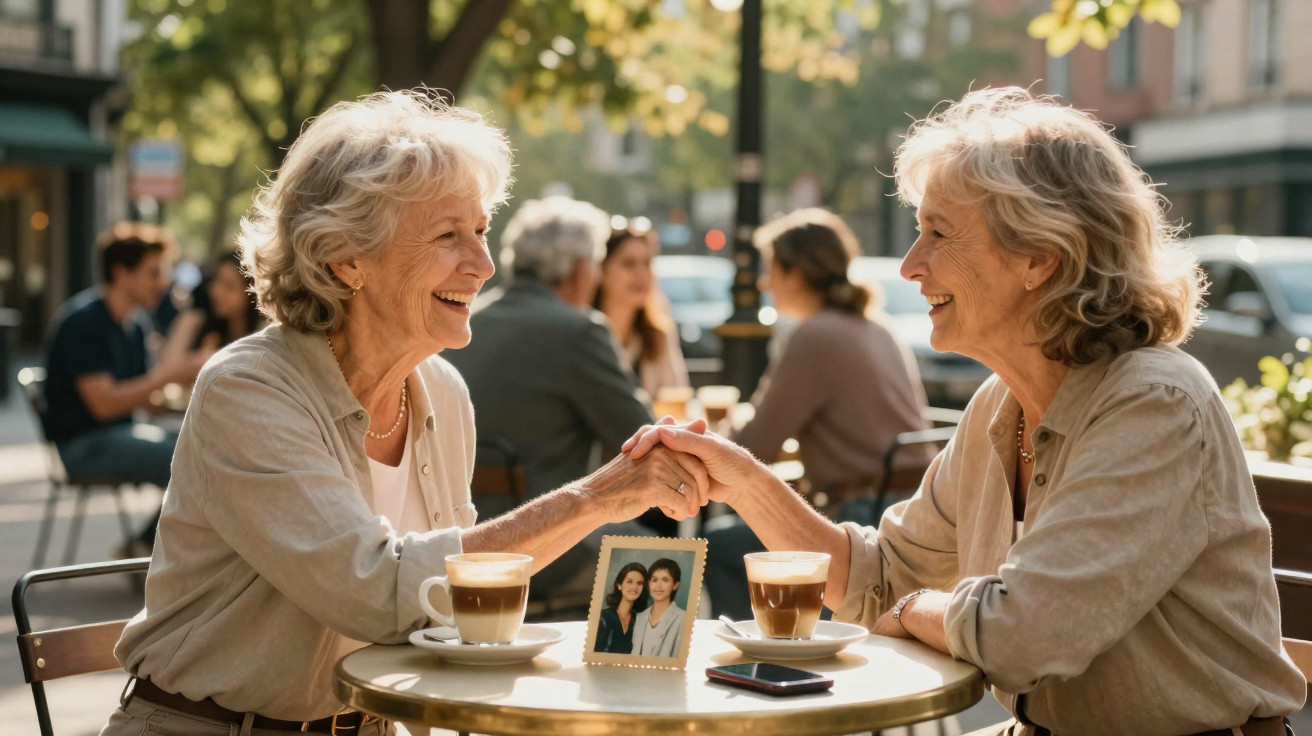 Duas mulheres idosas sorrindo e se segurando pelas mãos em uma mesa de café ao ar livre.