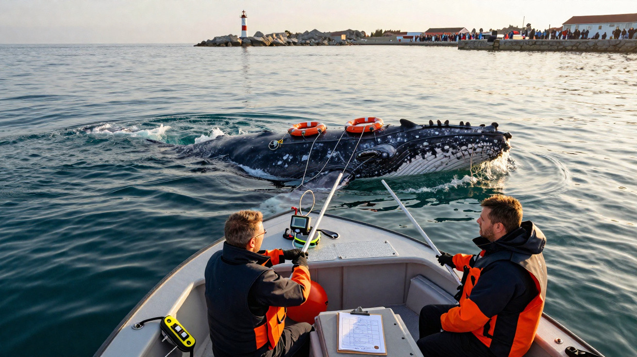 Baleia encoste próxima a barco com duas pessoas em coletes laranja, farol ao fundo e multidão na margem.