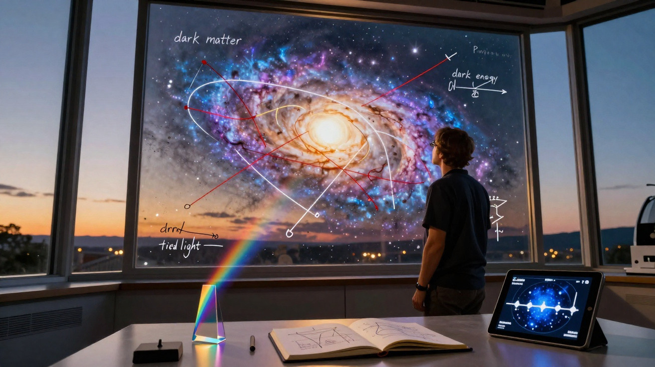 Pessoa observa projeção holográfica de galáxia com anotações sobre matéria escura e energia escura.