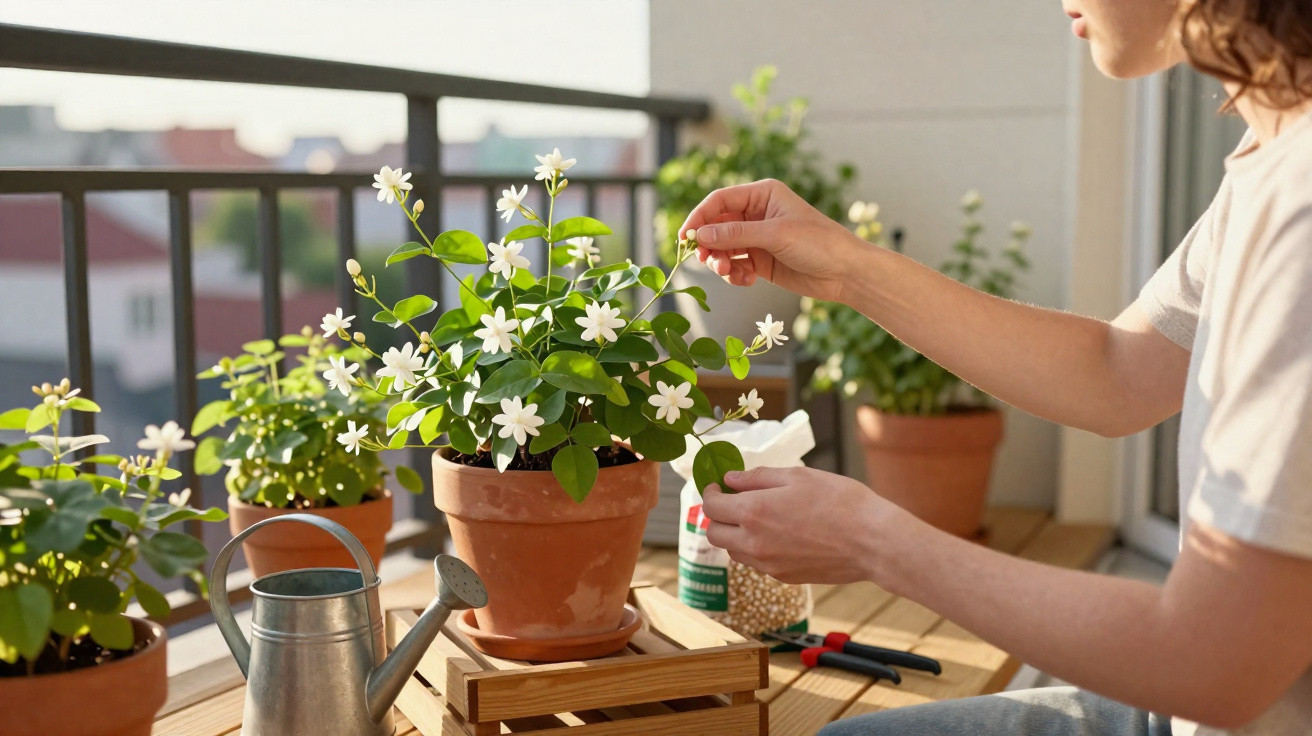 Pessoa cuidando de planta florida em vaso de barro em varanda com regador e ferramentas ao redor.