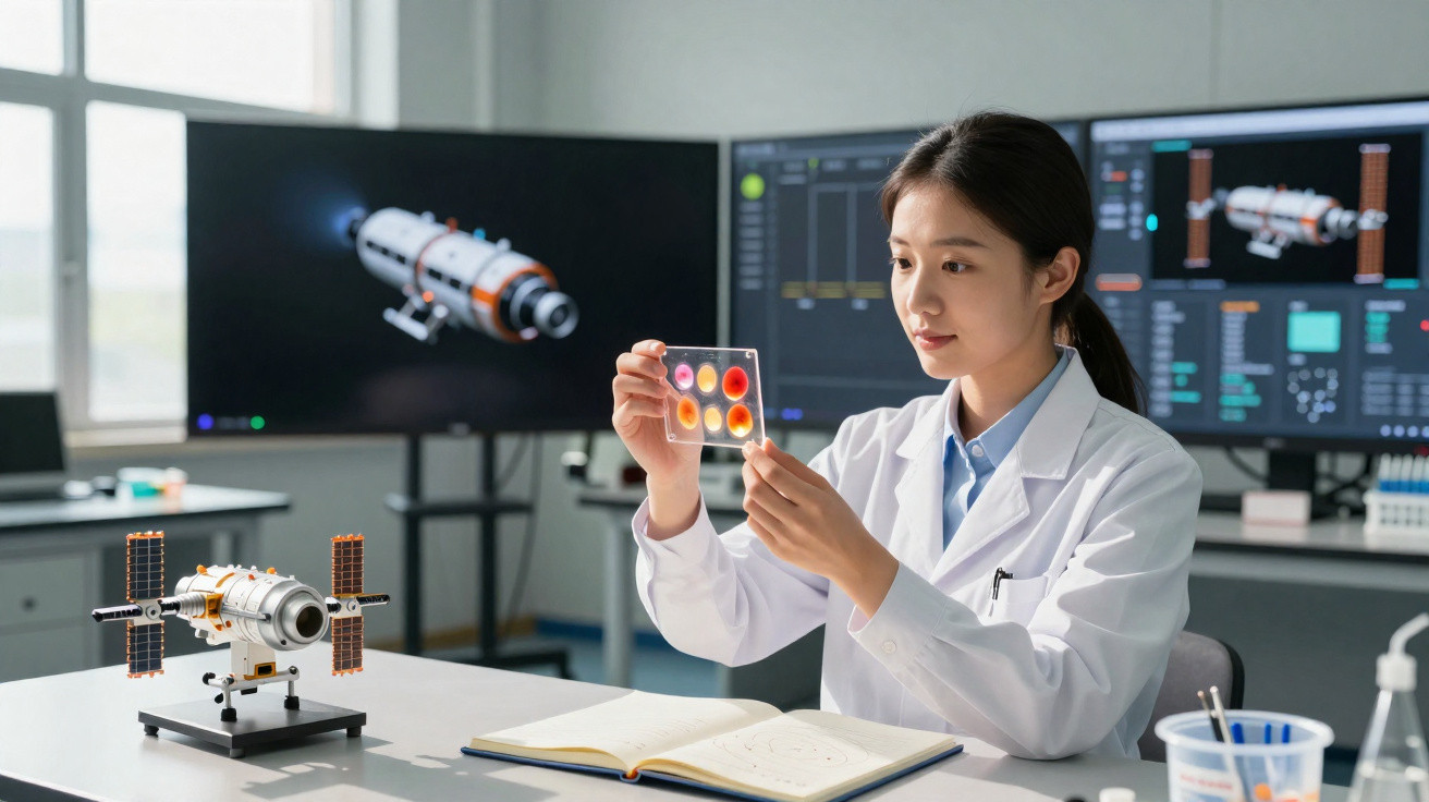Cientista observa lâmina com amostras coloridas em laboratório com modelo e imagens digitais de satélite.
