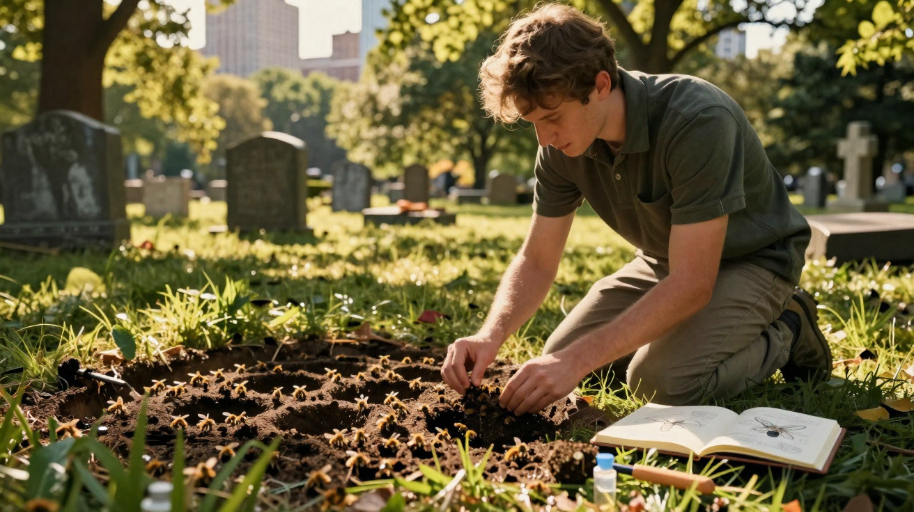Jovem ajoelhado em cemitério plantando flores ao lado de livro aberto com desenhos botânicos.
