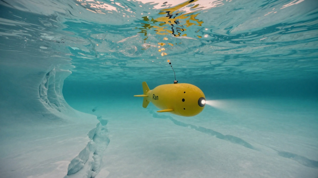 Submarino amarelo robótico com luz explorando águas claras e fundo gelado submarino.