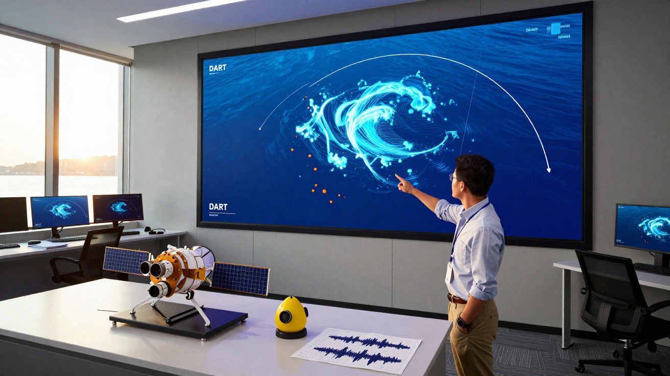 Homem em sala moderna analisa simulação digital sobre impacto na tela grande com modelo de satélite na mesa.